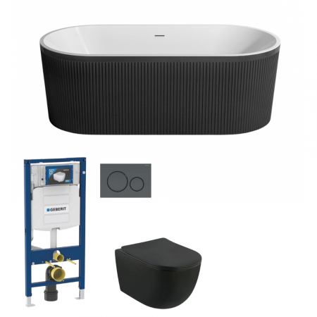 Set cada freestanding ovala 3D, vas wc rimless cu capac soft close, rezervor incastrat si clapeta neagra [0]