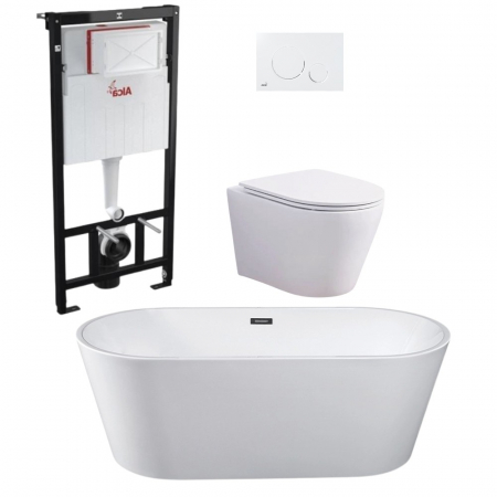 Baie completa - Set cada freestanding ovala, vas wc rimless cu capac soft close, rezervor incastrat si clapeta alb lucios