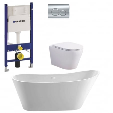 Baie completa - Set cada freestanding ovala, vas wc rimless cu capac soft close, rezervor incastrat si clapeta crom lucios