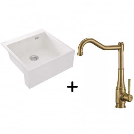 Set chiuveta bucatarie compozit cu baterie - Set chiuveta bucatarie alba farmhouse Eridan plus baterie bucatarie antichizata Tamizo