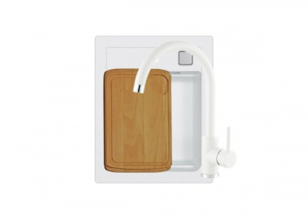 Perechea perfecta - Set chiuveta bucatarie compozit Atrox 10 alba, baterie bucatarie Kati alba si tocator lemn