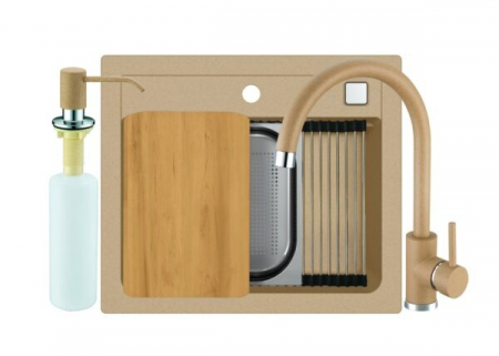 Bucatarie - Set chiuveta bucatarie compozit Atrox 30 bej, baterie bucatarie Kati bej si accesorii