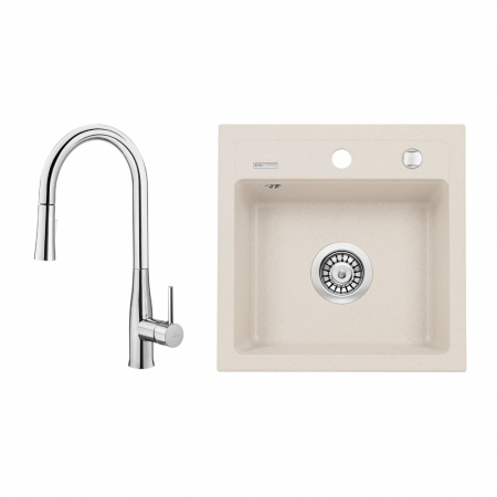 Set chiuveta bucatarie compozit cu baterie - Set chiuveta bucatarie compozit bej Deante si baterie bucatarie cu dus extractibil crom Deante