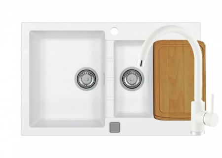 Perechea perfecta - Set chiuveta bucatarie compozit Cadit 70 alba, baterie bucatarie Kati alba si tocator lemn