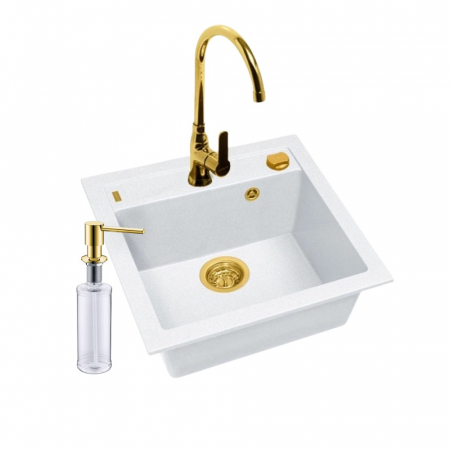 Bucatarie - Set chiuveta bucatarie compozit Formic 20 alba, baterie auriu lucios, sifon si dozator Alveus