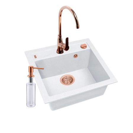 Bucatarie - Set chiuveta bucatarie compozit Formic 20 alba, baterie cupru lucios, sifon si dozator Alveus
