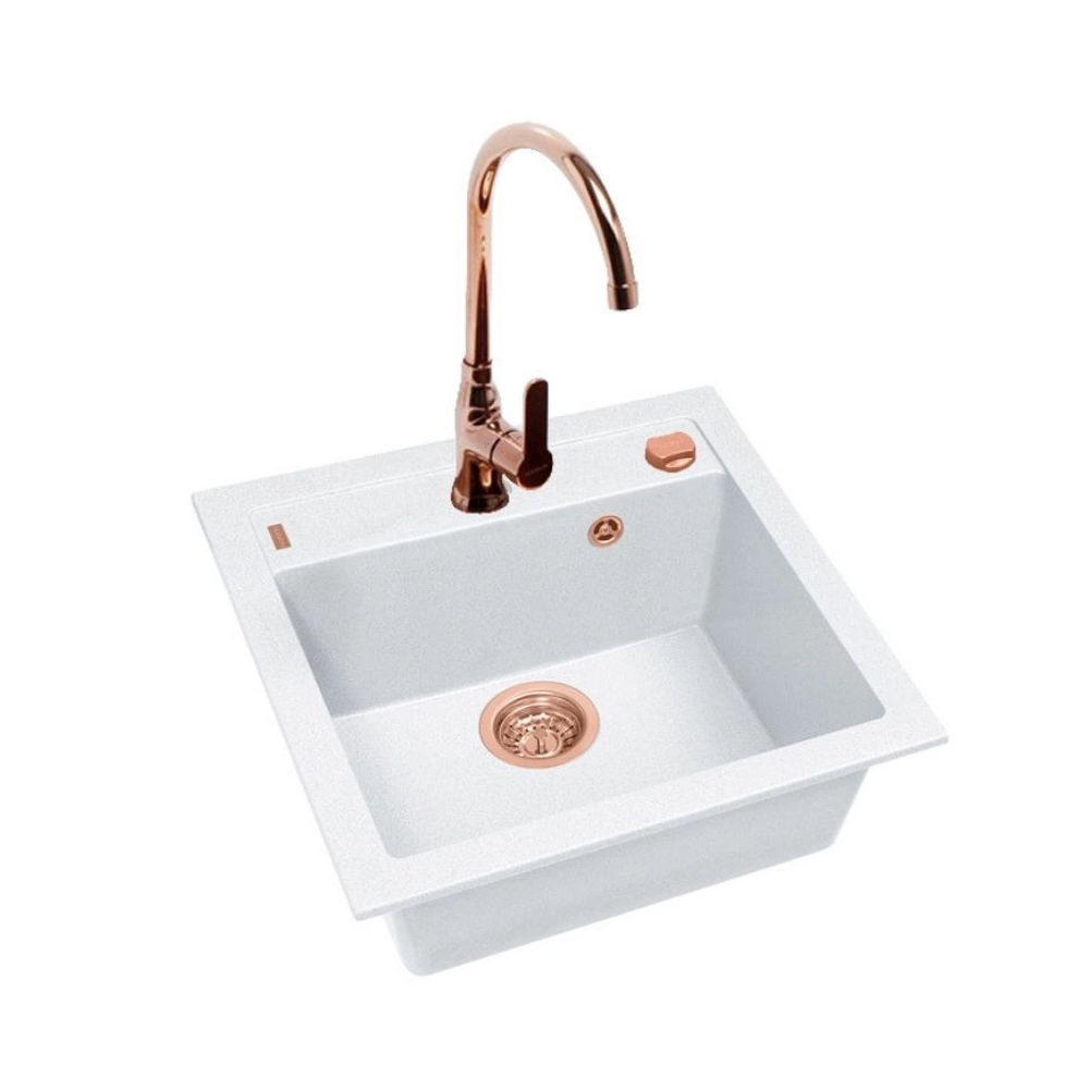 Perechea perfecta - Set chiuveta bucatarie compozit Formic 20 alba si baterie bucatarie Lola cupru