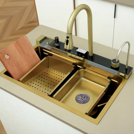 Chiuvete bucatarie inox - Set chiuveta bucatarie multifunctionala cu accesorii din inox 750x460, auriu periat, Top Ceramic