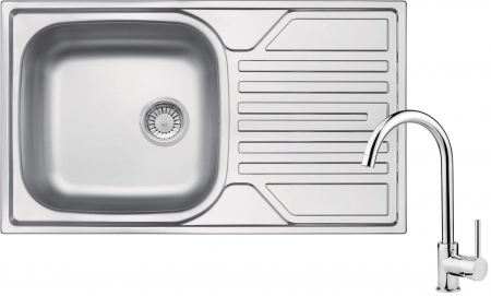 Perechea perfecta - Set chiuveta bucatarie inox cu picurator si baterie inalta Deante, Legato 113