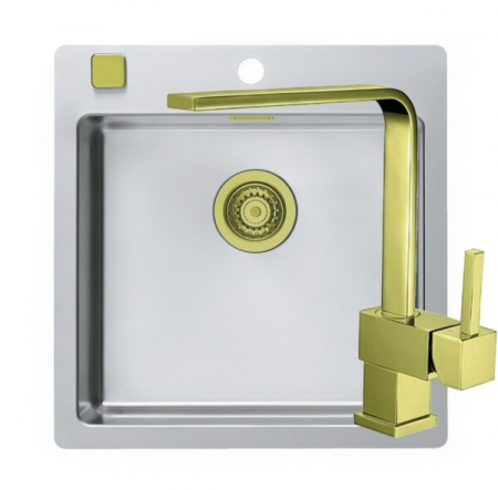 Set chiuveta bucatarie inox cu baterie - Set chiuveta bucatarie inox Pure 30 si baterie bucatarie Laguna Monarch auriu