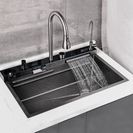 Chiuvete bucatarie compozit - Set chiuveta neagra bucatarie multifunctionala cu baterie si dus extractibil, display digital si 3 functii de curgere