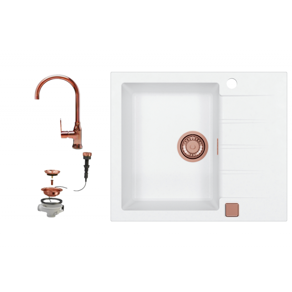 Set chiuveta bucatarie compozit cu baterie - Set chiuveta bucatarie compozit Cadit 10 alba si baterie bucatarie Lola cupru
