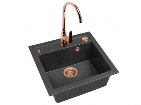 Perechea perfecta - Set chiuveta bucatarie compozit Formic 20 negru carbon si baterie bucatarie Lola cupru