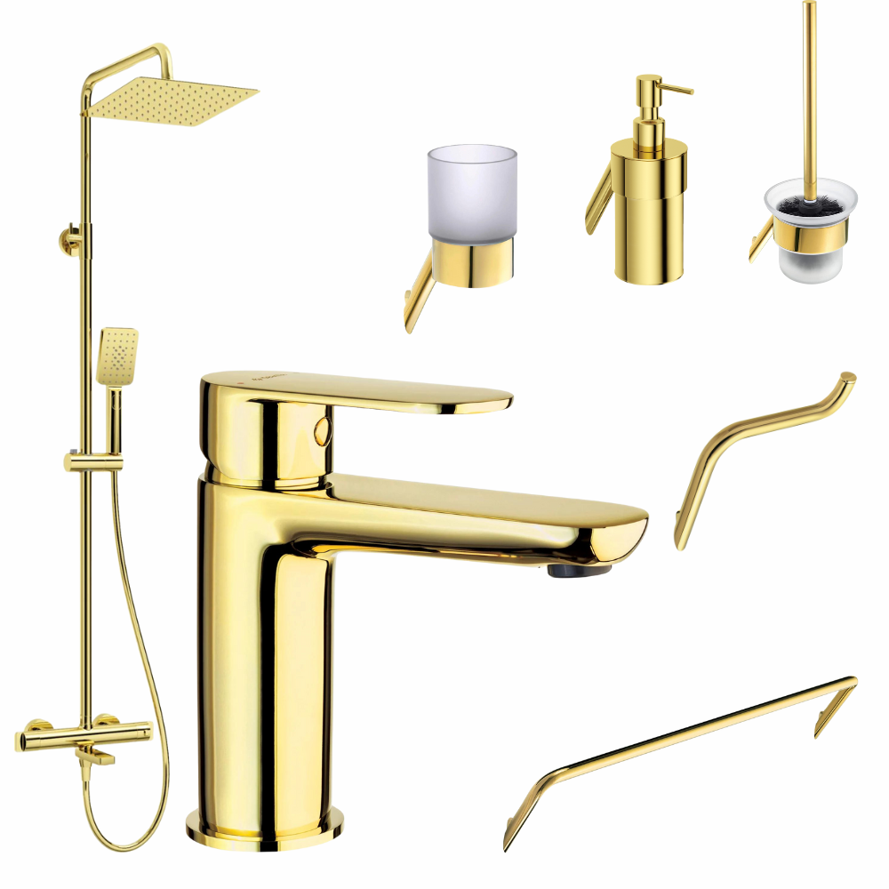 Perechea perfecta - Set coloana de dus si baterie lavoar Deante Alpinia cu accesorii Deante Silia, auriu lucios