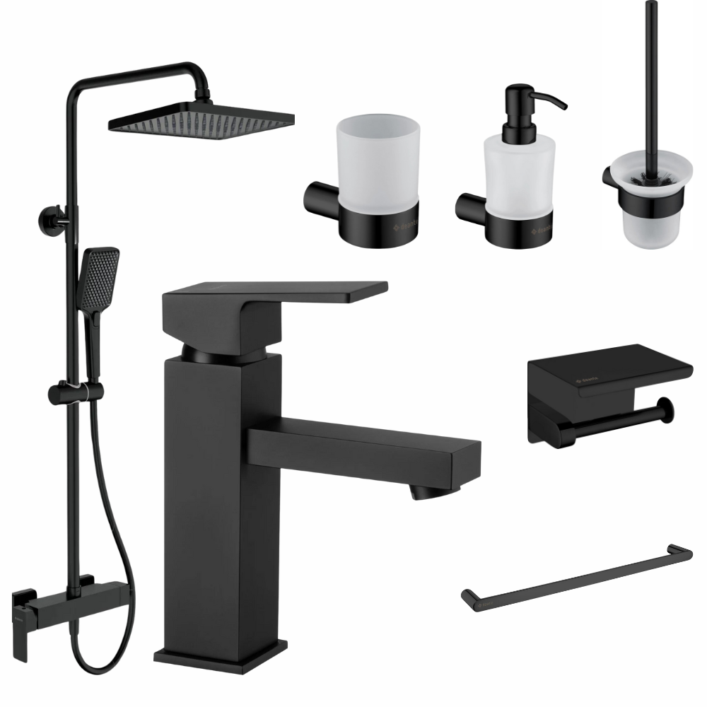 Perechea perfecta - Set coloana de dus si baterie lavoar Deante Anemon cu accesorii Deante Round, negru mat