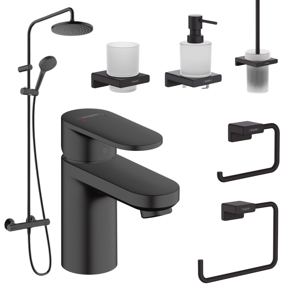 Perechea perfecta - Set coloana dus si baterie lavoar Hansgrohe Vernis Blend si accesorii baie Hansgrohe AddStoris, negru mat
