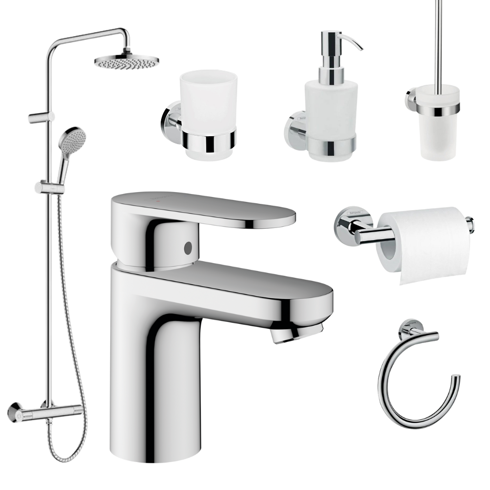 Perechea perfecta - Set coloana dus si baterie lavoar Hansgrohe Vernis Blend si accesorii baie Hansgrohe Logis, crom