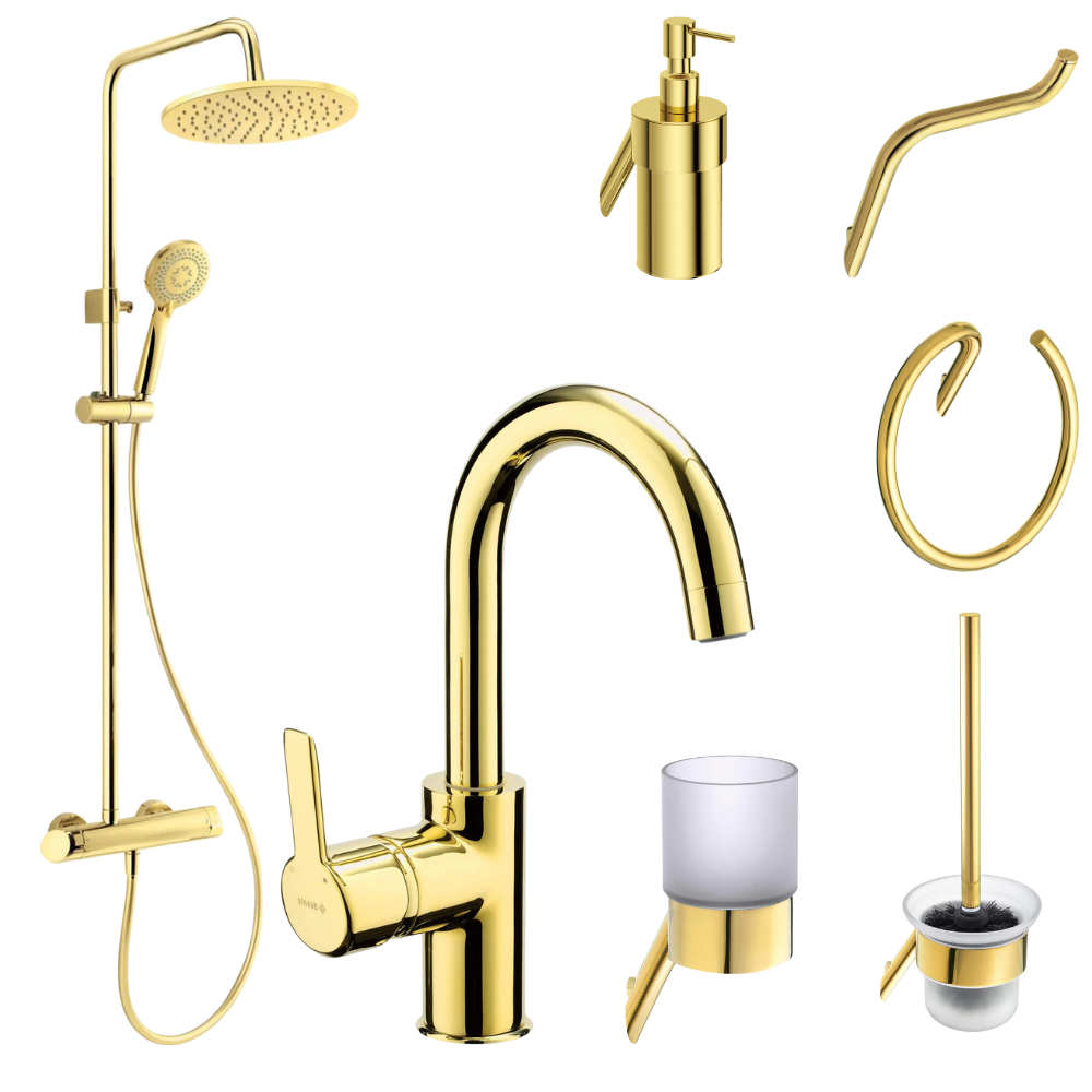 Baie completa - Set coloana dus si baterie lavoar Deante Arnika cu accesorii Deante Silia, auriu lucios