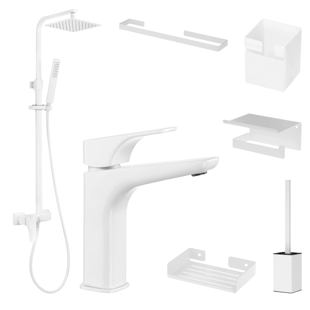 Baie completa - Set coloana dus si baterie lavoar Deante Hiacynt cu accesorii baie Deante Mokko, alb mat