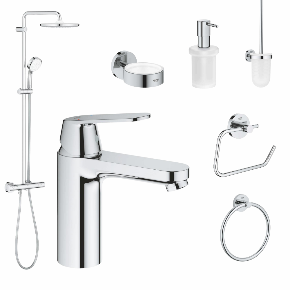 Baie completa - Set coloana dus si baterie lavoar Grohe Cosmopolitan cu accesorii baie Grohe Essentials, crom