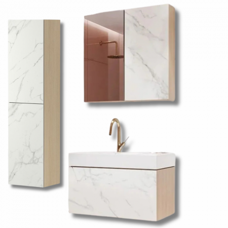 Seturi mobilier cu lavoar - Set complet mobiler baie  CALACATTA placat cu ceramica, dulap cu oglinda si mobilier cu lavoar 100 cm Cersanit
