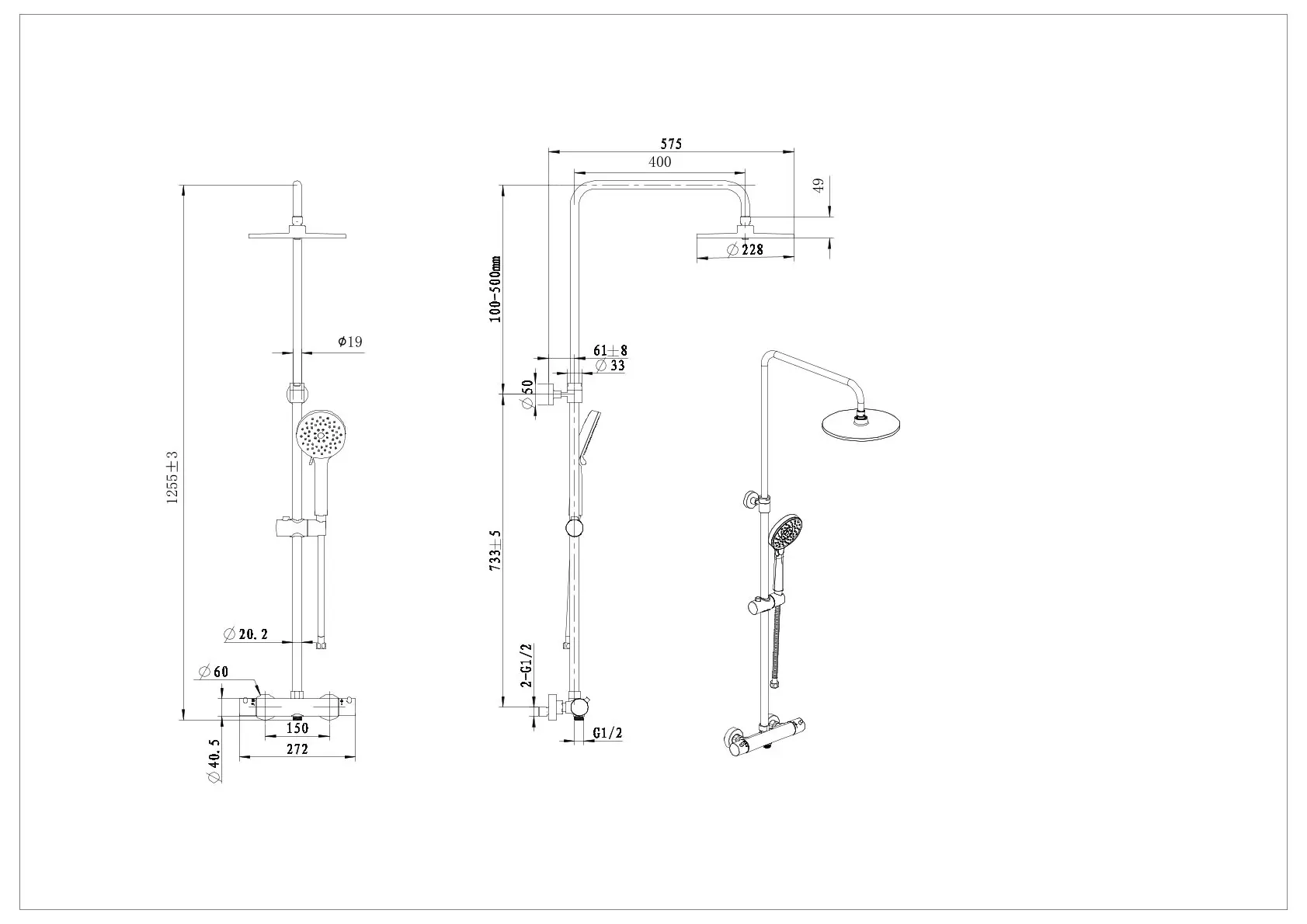Set de dus cu baterie termostatata, 23 cm, 3 jeturi, crom, Kielle Oudee [8]