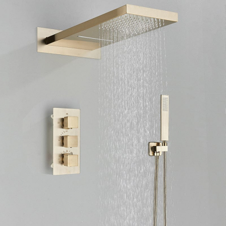 Baie - Set de dus auriu mat cu para tip cascada, termostat si 3 functii de curgere a apei