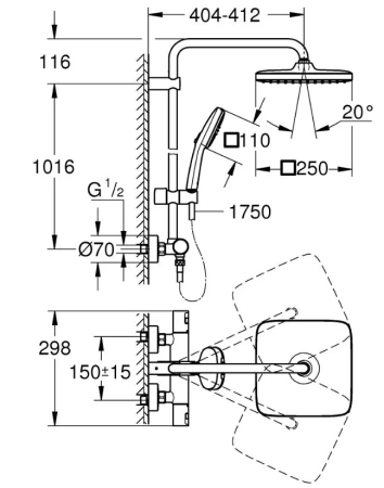 Set de dus cu termostat cu 2 jeturi, crom lucios, Grohe Vitalio Comfort [5]