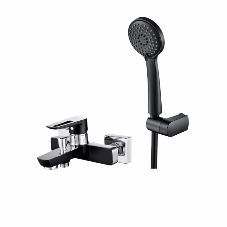 Baie - Set de dus Deante Boro cu para 3 functii, furtun, suport fix negru mat si baterie cada negru/crom lucios,  Cersanit Mille