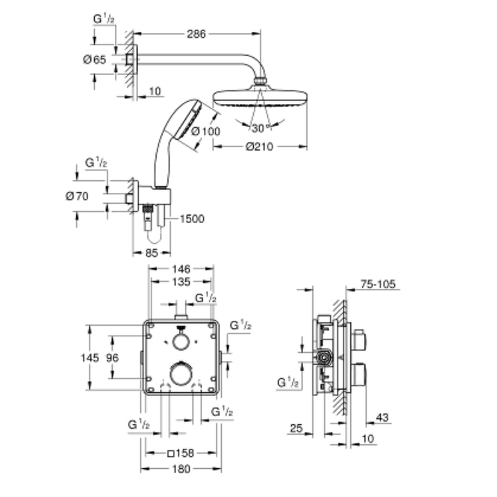 Set de dus incastrat crom cu baterie design patrat Grohe Grohtherm [1]