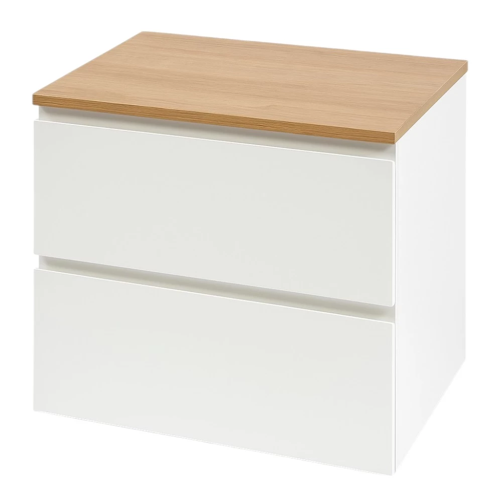 Black Friday - Set dulap baie 60 cm pentru lavoar pe blat, alb cu blat stejar, Cersanit Moduo