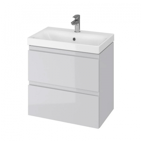 Seturi mobilier cu lavoar - Set dulap baie cu lavoar gri lucios, 60 cm, montat, Cersanit Moduo