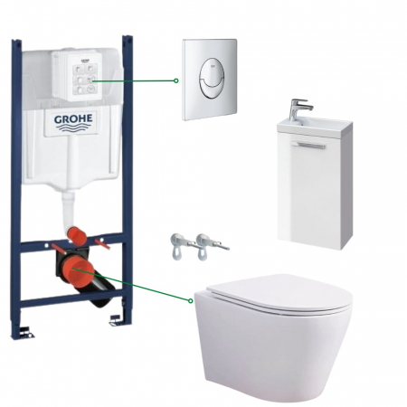 Seturi baie completa - Set dulap baie cu lavoar si baterie Cersanit, vas wc rimless cu capac soft close Oslo, rezervor incastrat si clapeta crom