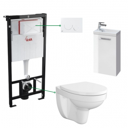 Seturi vas WC suspendat cu rezervor incastrat si clapeta - Set complet baie cu mobilier si vas de wc suspendat Cersanit