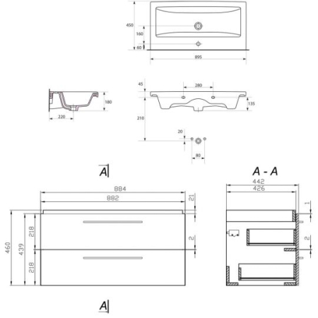 Set dulap baie Lara 2 sertatre cu lavoar Como 90 cm, nuc,  Cersanit [2]