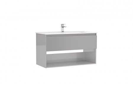 Mobilier baie - Set dulap baie suspendat 1 sertar Gala Daily cu lavoar inclus, 100 cm, gri lucios