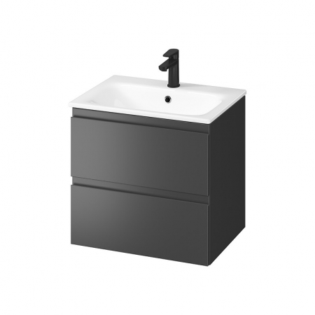 Seturi mobilier cu lavoar - Set dulap baie suspendat 2 sertare cu lavoar Cersanit Moduo 2 inclus, 60 cm, antracit mat