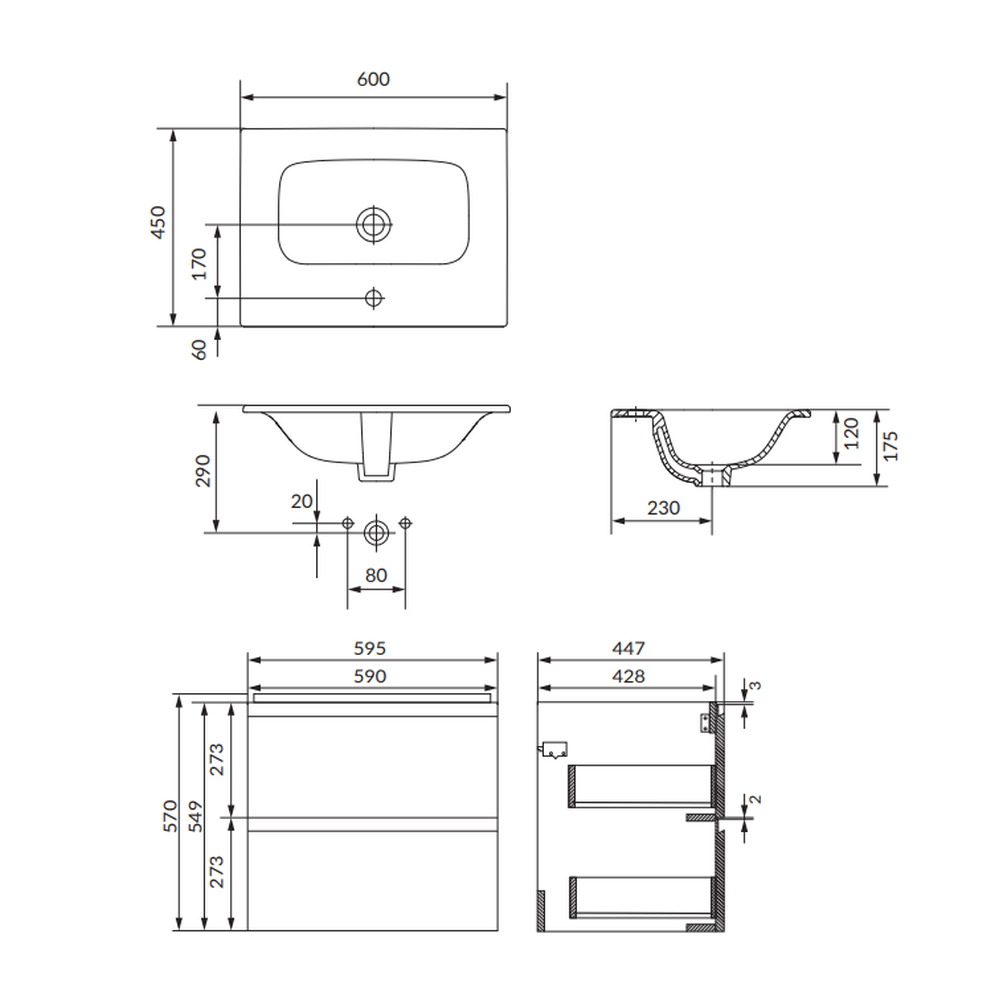Set dulap baie suspendat 2 sertare cu lavoar Cersanit Moduo inclus, 60 cm, antracit mat, B893, montat [2]
