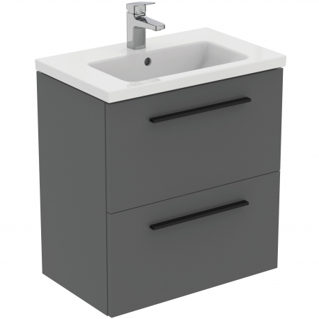 Mobilier baie - Set dulap baie suspendat gri Ideal Standard i.Life S cu lavoar inclus 61 cm alb si maner negru