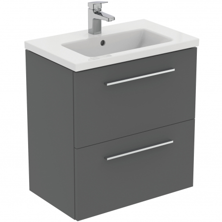 Mobilier baie - Set dulap baie suspendat gri Ideal Standard i.Life S cu lavoar inclus 61 cm alb si maner crom