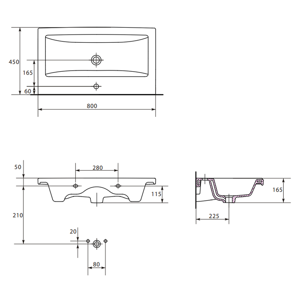 Set dulap baie suspendat 2 sertare Lara II cu lavoar Como inclus, 80 cm, alb [1]