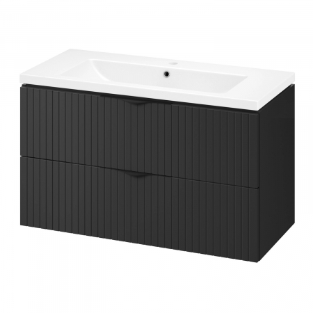 Seturi mobilier cu lavoar - Set dulap baie suspendat 2 sertare lavoar inclus, 100 cm, riflaje 3D negru mat, MDF, Cersanit Tirso