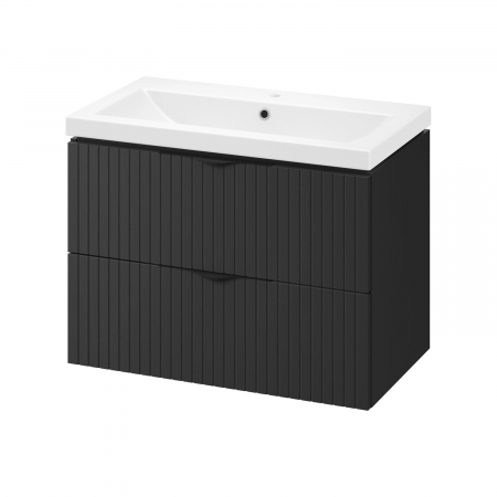 Seturi mobilier cu lavoar - Set dulap baie negru mat, suspendat 2 sertare lavoar inclus, 80 cm, riflaje 3D, MDF, Tirso, Cersanit