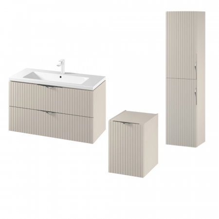 Dulapuri de baie suspendate - Set dulap baie suspendat 2 sertare si lavoar inclus 100 cm, dulap baie suspendat si dulap baie tip coloana, culoare casmir mat, MDF, Cersanit Tirso