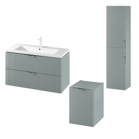 Dulapuri de baie suspendate - Set dulap baie suspendat 2 sertare si lavoar inclus 100 cm, dulap baie suspendat si dulap baie tip coloana, culoare fiord mat, MDF, Cersanit Tirso