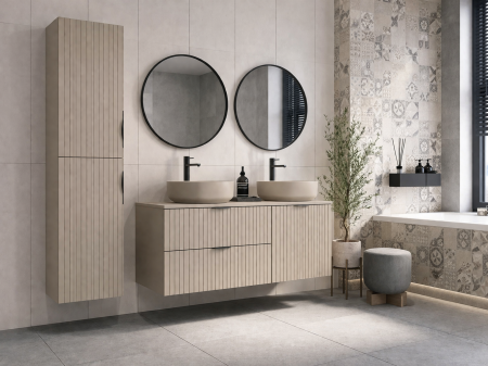 Seturi complete mobilier baie - Set mobilier baie complet cu riflaje Cersanit Tirso cu 2 lavoare, dulap suspendat și 2 oglinzi