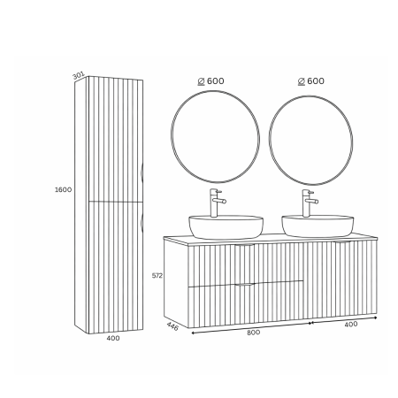 Set mobilier baie complet cu riflaje Cersanit Tirso cu 2 lavoare, dulap suspendat și 2 oglinzi [1]