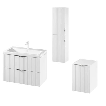 Seturi complete mobilier baie - Set dulap baie suspendat 2 sertare si lavoar inclus 80 cm, dulap baie suspendat si dulap baie tip coloana, culoare alb mat, MDF,Cersanit Tirso