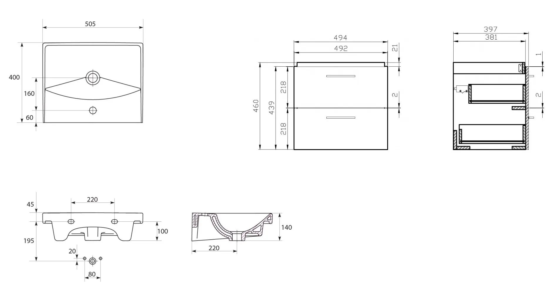 Set dulap baie suspendat 50 cm, 2 sertare, alb, cu lavoar inclus, Cersanit Lara [2]