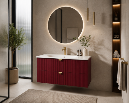 Seturi mobilier cu lavoar - Set dulap baie suspendat 80 cm, rosu rubin, 2 sertare, cu lavoar inclus, Isvea Infinity